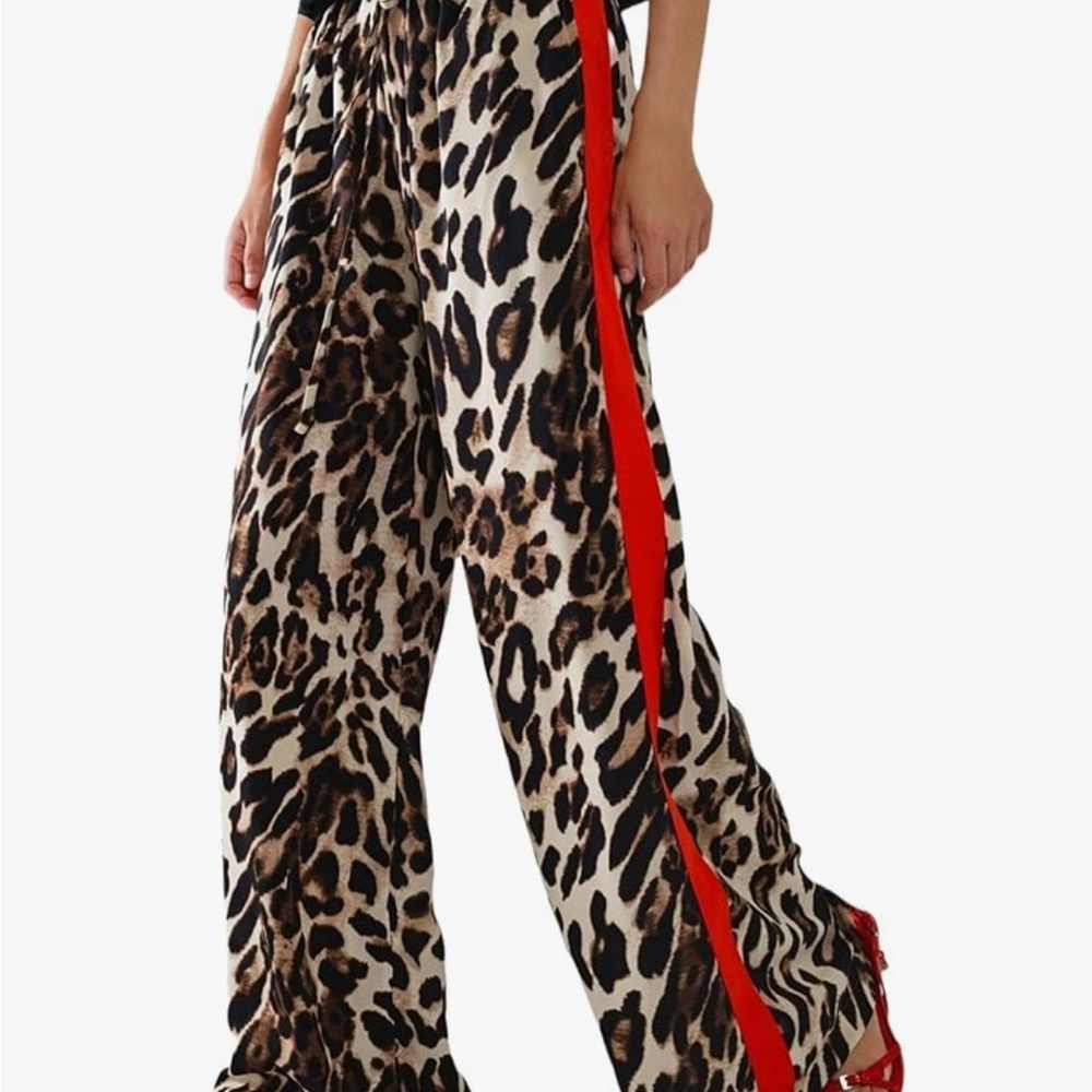 Leopard Print Wide-Leg Pants with Red Stripe Size S NWT